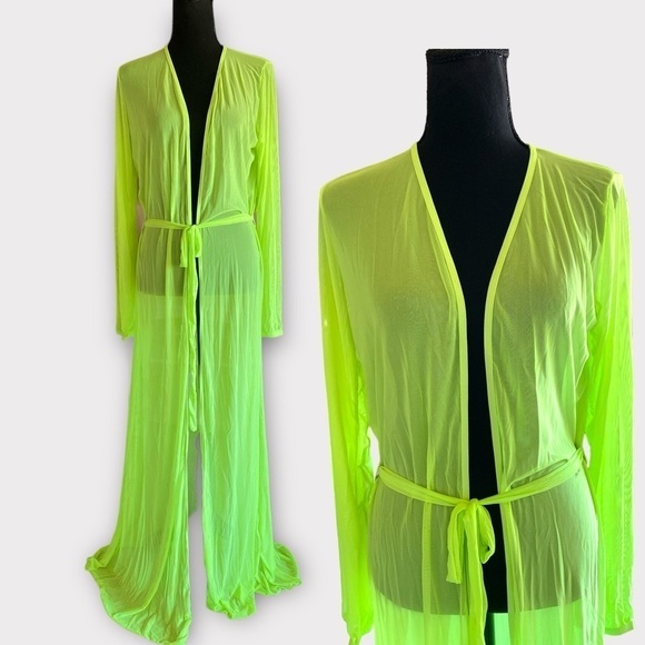 Kelly Green Sheer Mesh Maxi Loungewear Tie Front Robe Size X-La…BALLETCORE - Picture 2 of 9